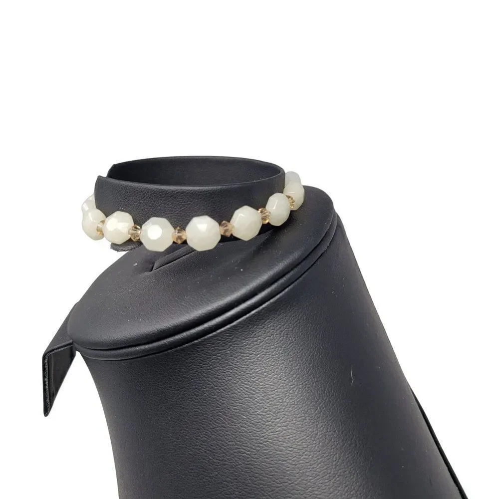Artisan Handmade 925 Sterling Silver White Quartz Bicone Beaded Bracelet Healing
